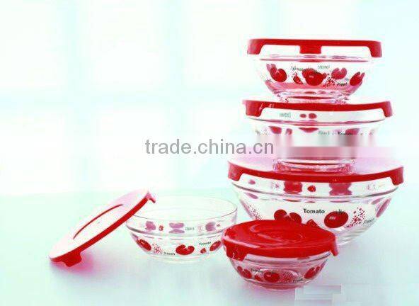 High quality 5pcs set clear glass bowl with red lid