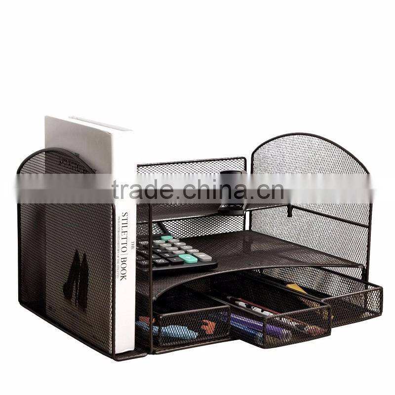 2017 amazon popular design black metal mesh desk file organizer with 3 Little Drawers