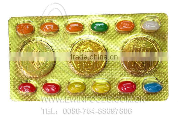 Chocolate golden coin with jelly bean
