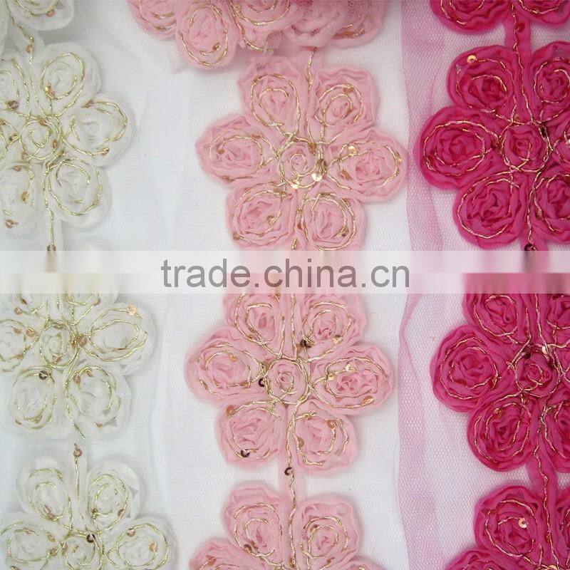 New latest csutom gold line chiffon flower applique work designs for dress
