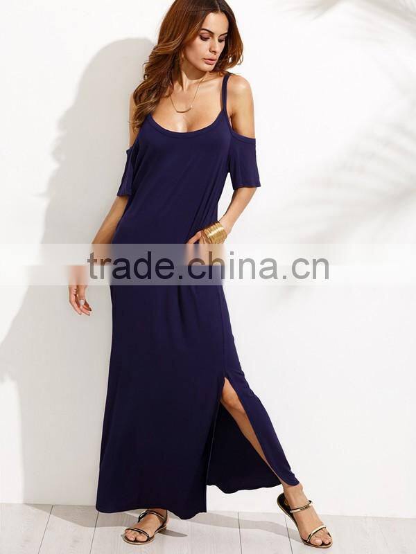 Woman Navy Pocket Cold Shoulder Split Maxi Dress