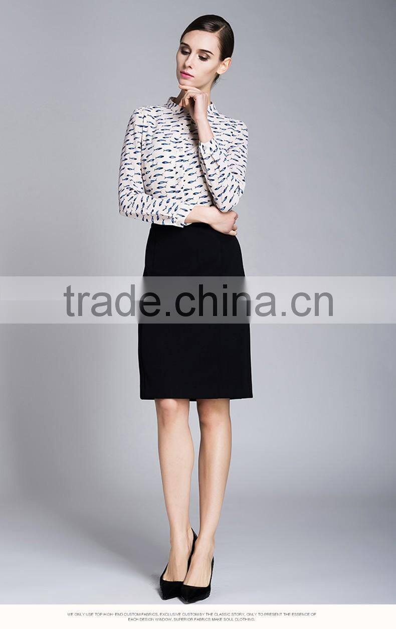 Spring-Summer Season Ladies Length Sleeve Stand Collar Printing Shirt Blouse