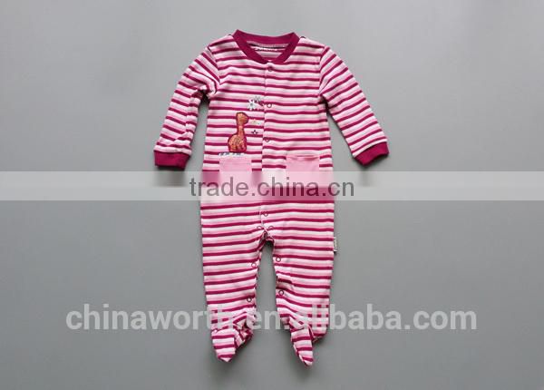 Autumn baby clothing striped 100% cotton embroidered footed romper