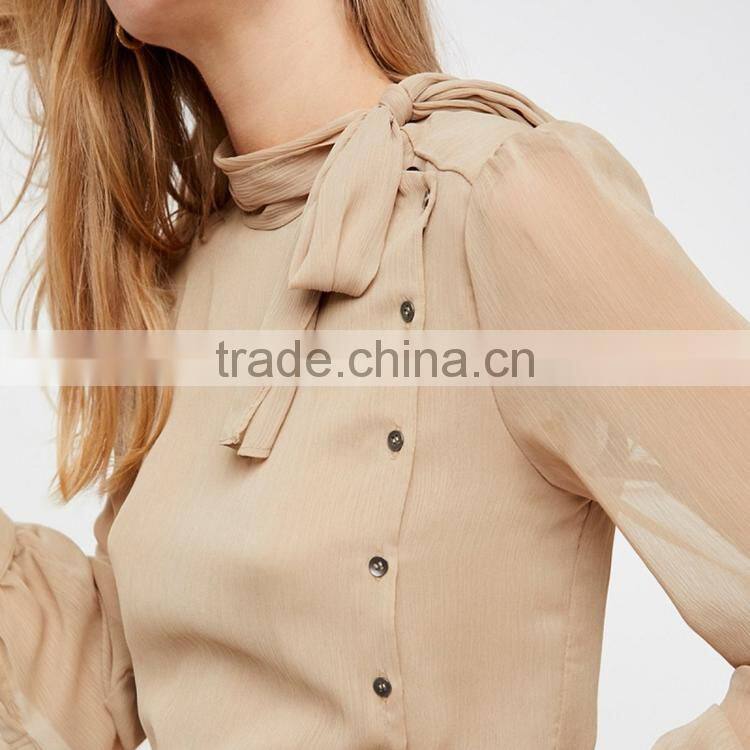 HAODUOYI Fashion Light Kahaki Women Blouse Neckline Lace-up Side Buttons Semi-sheer Lantern Sleeve Lady Tops for Wholesale
