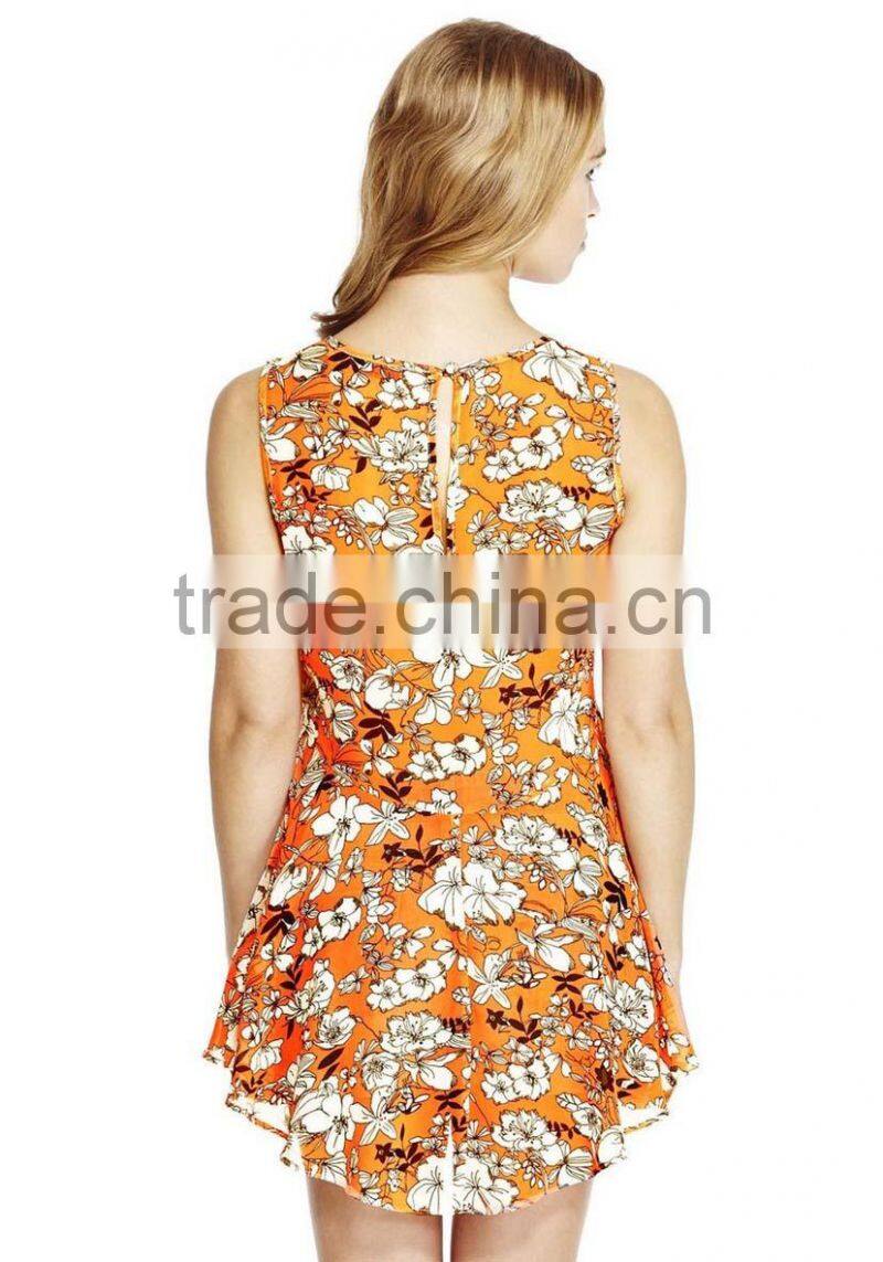 Women clothing for print drop back hem chiffon top China manufacturer