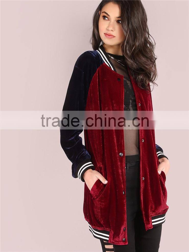 MGOO Burgundy Contrast Raglan Sleeve Velvet Longline Button Bomber Jacket With Striped Trim
