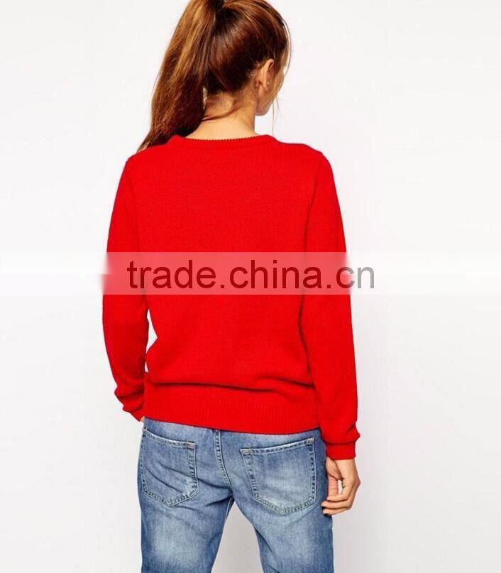 Merry Christmas Ladies Knitwear Crew Neck Cotton Sweater Red In Stock Women Clothings