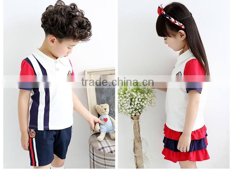 China Wholesale Boys and Girls Customised Cotton Summer school uniform design with pictures short sleeves T-shirts trouser skirt