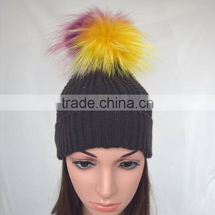 Myfur Black Color Unisex Winter Woolen Beanie with Fur Pompom Top