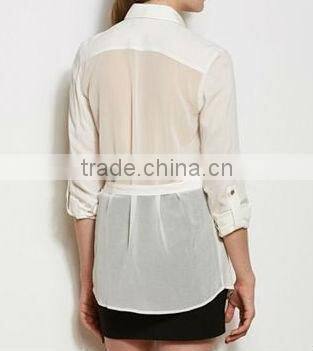 2013 women white sheer chiffon long blouse with belt
