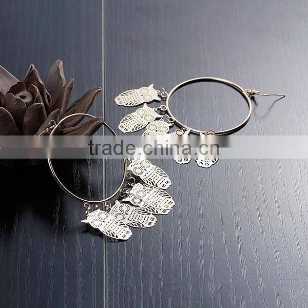New Fashion Round Gold Plated Halloween Owl Hollow Copper Filigree Stamping Earrings Ear Wire Hooks
