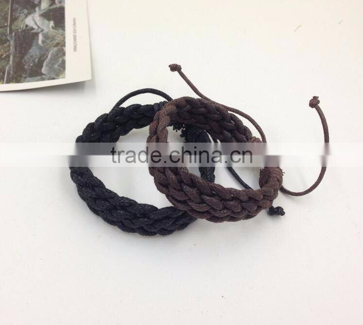 Mens Leather Wax Cord Bracelet Woven Braided Wristband Adjustable Leather Cord Bracelet for Men