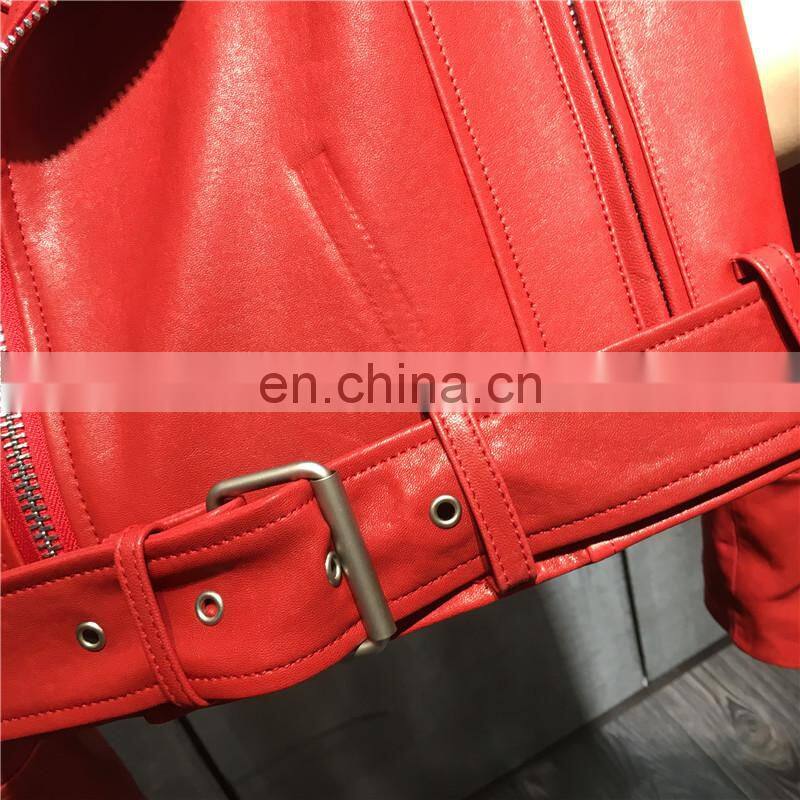 Wholesale Chinese Haining Genuine Leather Coat Woman Red Leather Jacket
