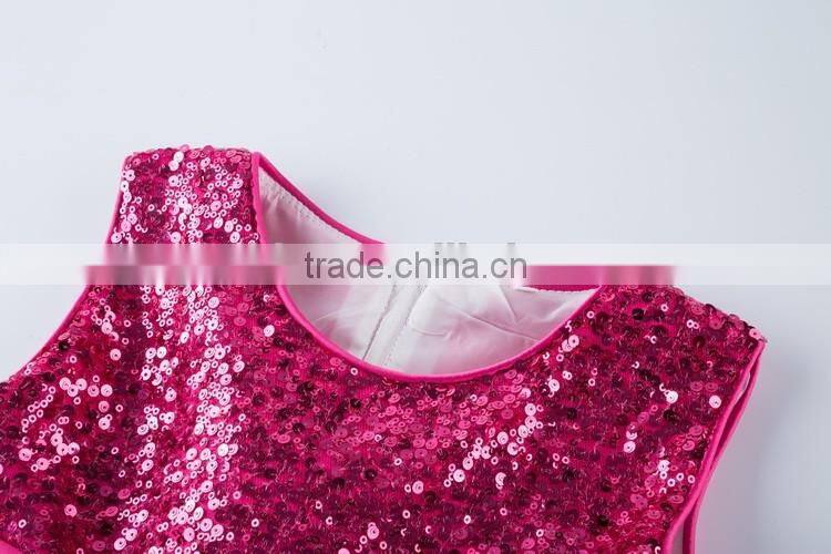 Fashion Rose Red Sequin Organza Fabric Baby Girl Party Dress for Children