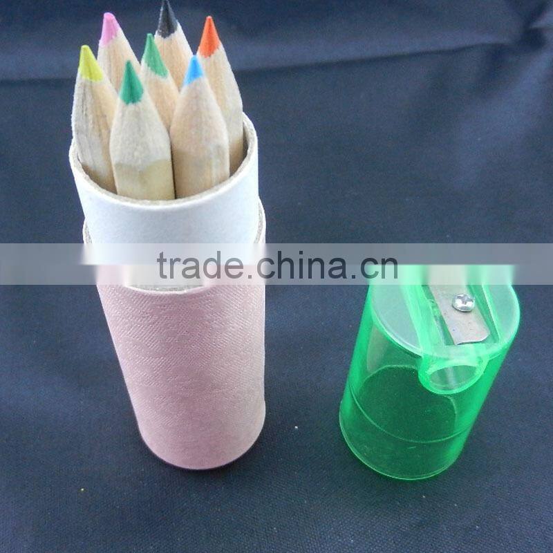 3.5" natural wood color pencil in a tube with colorful sharpener cover