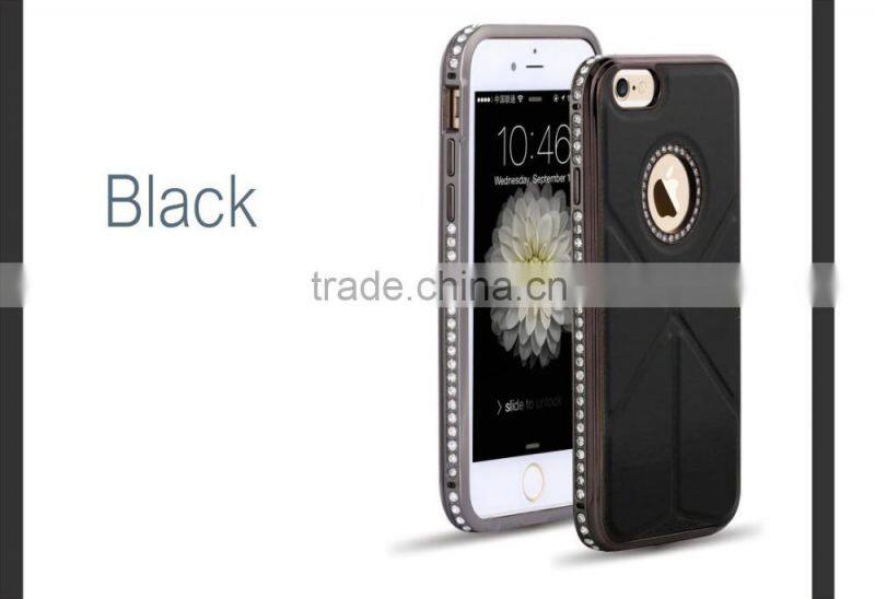 Luxury Plaid Pattern Cowhide Leather Back Cover with Kickstand Diamond Chrome Edged Bumper Hard Case for Iphone6 6plus