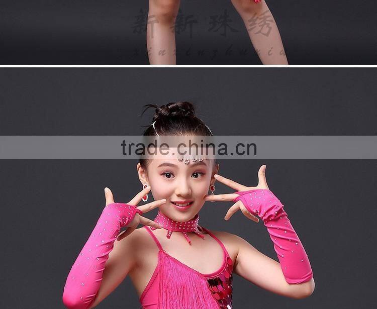2016 Children Dance Skirt with Sleeves Sequins Latin Dresses Backless Fringe Children Latin Dance Dress for Girls Competition