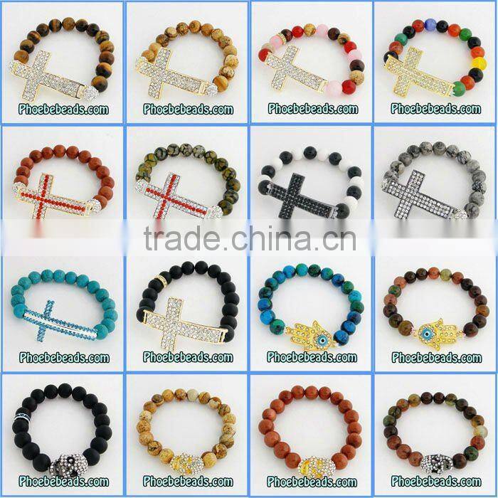 Cross Bracelets Wholesale Gold Plated Sideways Pave Crystal Agate Beaded Stretch Honesty Jewelry PHB-001