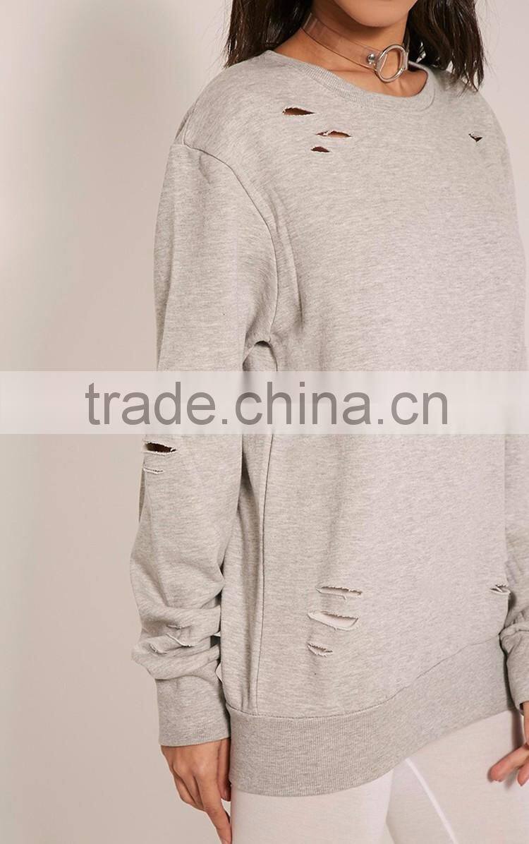 American style hoodies, Grey Ripped Oversized Sweatshirt, high quality cotton hoodies for women