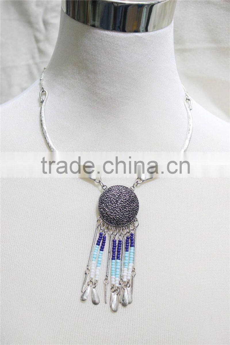 Anti-silver Folk w/ Royal Blue Aqua White Seed bead Statement Necklace Satellite Chain Necklace 2016 Fashion Style Wholesale