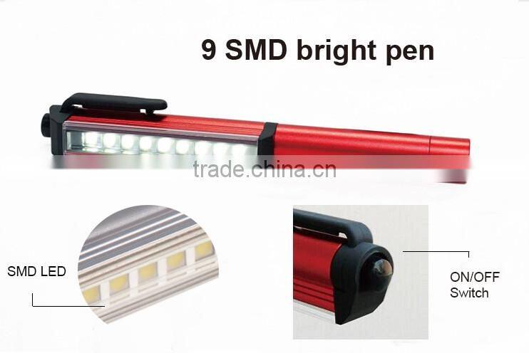 9 pcs SMD with magnetic clip and bottom magnet pen light led pen torch