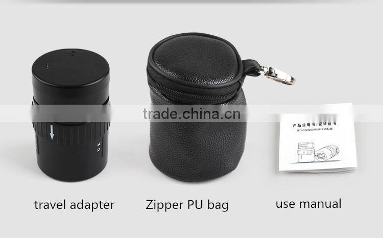 360-Degree Rotating 2 usb Universal Travel Adapter with Zipper Pouch Bag