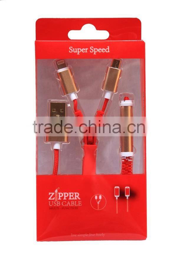 High quality cheap zipper usb cable 2 in 1 USB cable custom logo on zipper