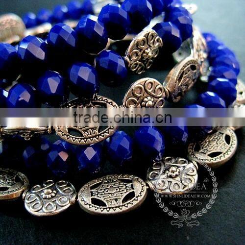 vintage antiqued silver ethical deep blue faceted glass beads 5 layers chunky fashion wiring bangle bracelet jewelry 6490042