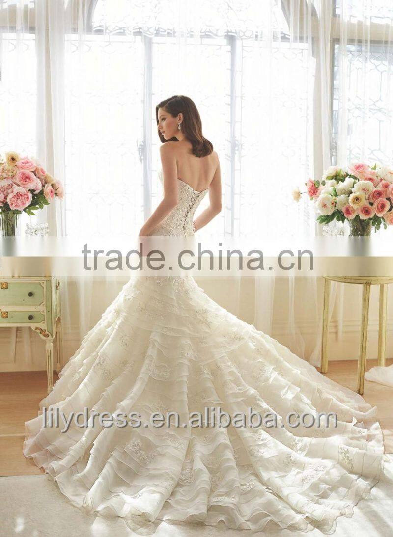 Romantic Sexy Mermaid Wedding Dresses 2016 Graceful Lace Tiered Ruffles Beaded Sweetheart Court Train Bridal Gowns ML021