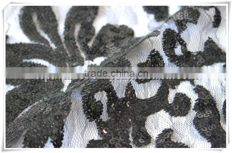 New design round eye net fabric with embroidery sequin, black sequin flower tulle fabric for wedding dress