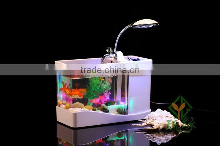 Mini USB Fish Tank With Multi-functions LED Light & Pen Container & Perpetual Calender USB Desk Aquariums With Lamp