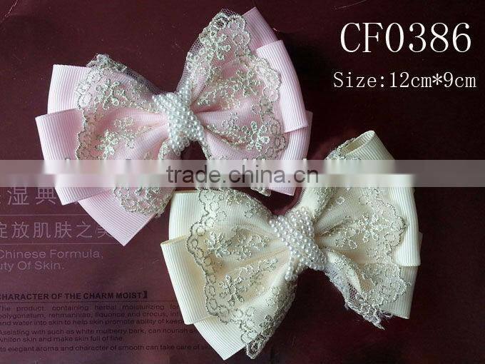 CF0386 New arrival fashion large ivory pearl center lace CF0386 New arrival fashion large ivory pearl center lace hair bow