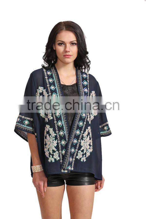 2015 New Arrival Chiffon Embelish Embroider Sequin Top