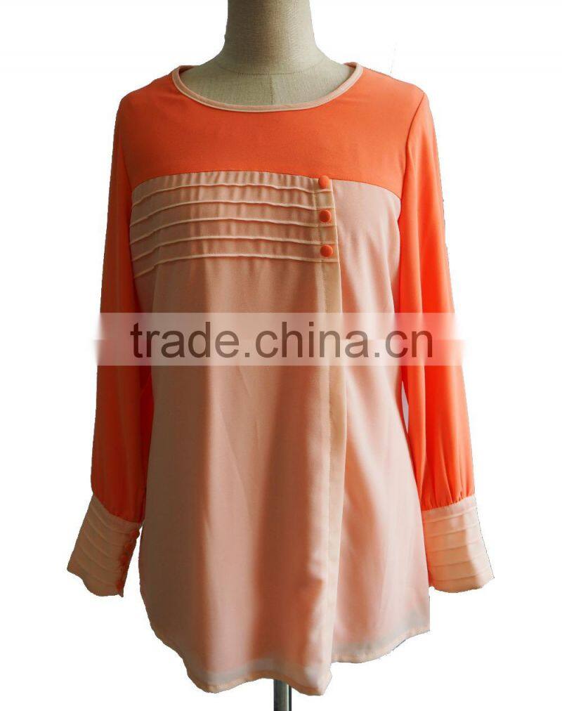Malay style Round Collar Long Sleeve Orange Chiffon Shirt Blouse