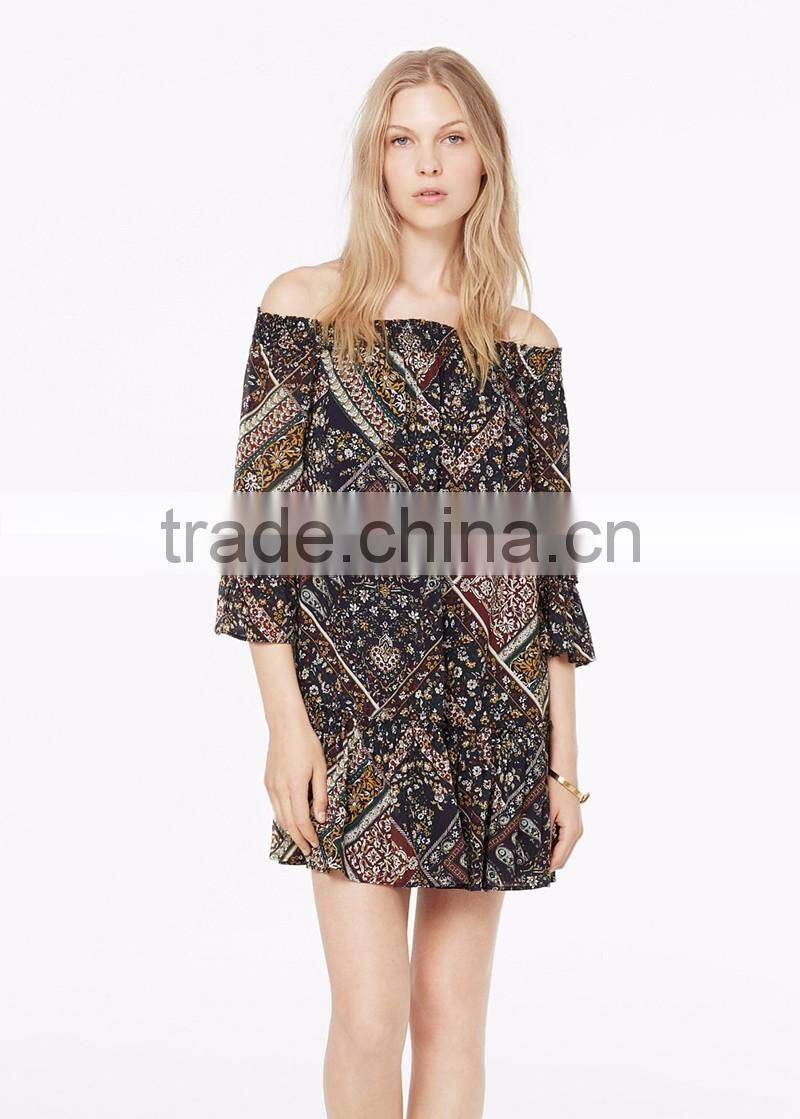 ladies printed chiffon off shoulder dress three quarter sleeve