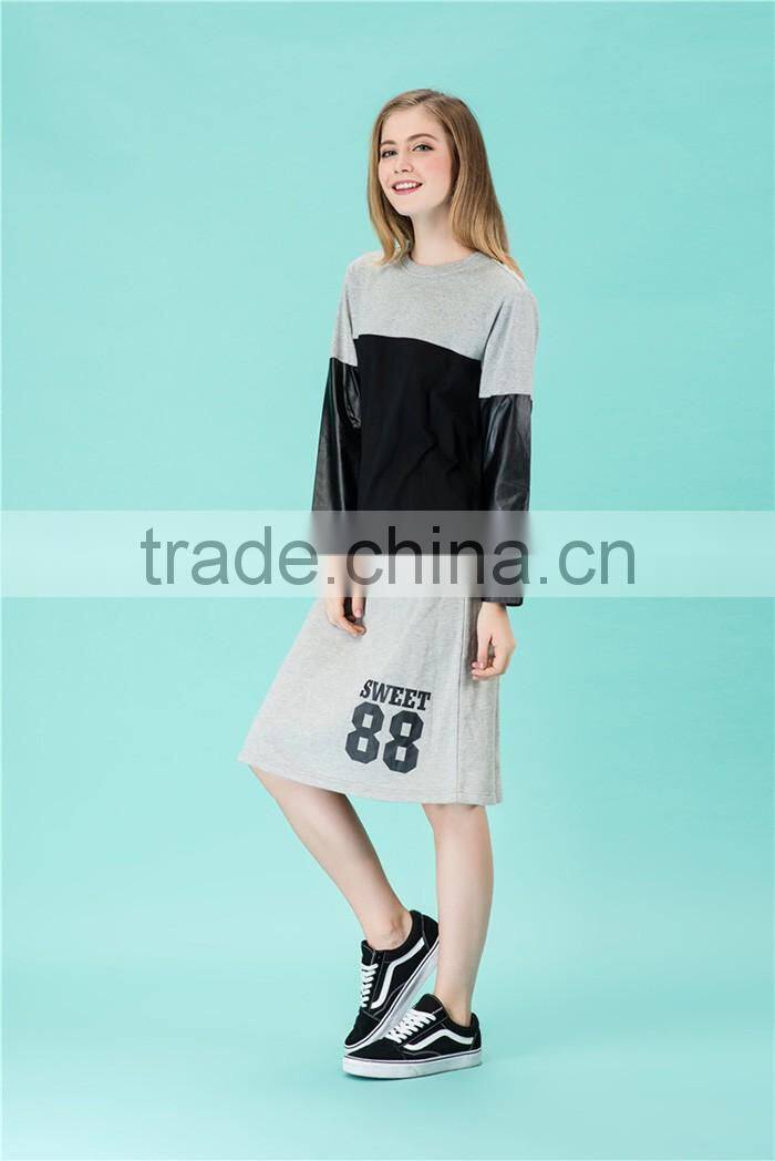 splice round neck black guangzhou custom women jersey longsleeve tshirt t-shirt cotton for ladies blank factory