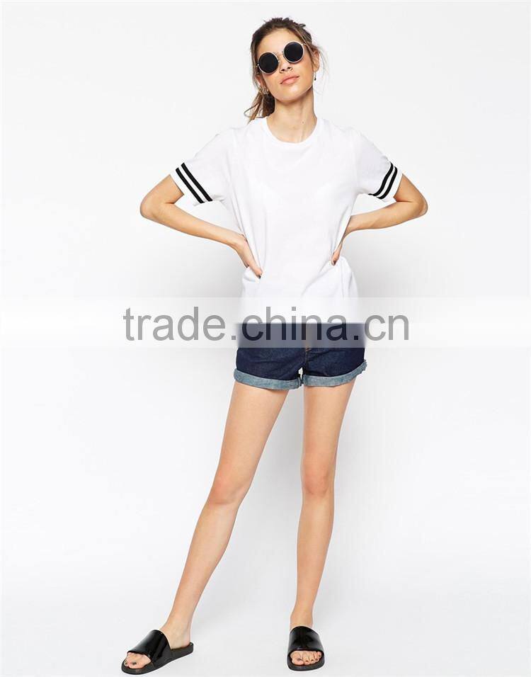 2017 top quality customized printed t shirts with stripe sleeves