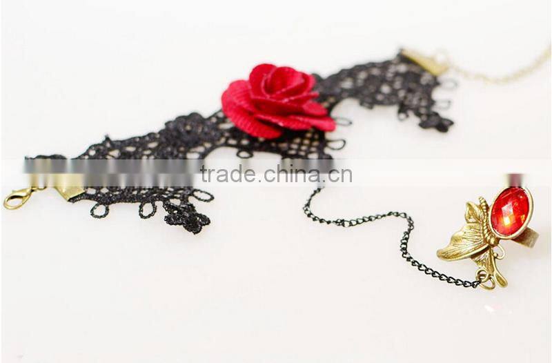 Beautiful rose charm jewelry sets lace flower bracelet wrap with diamond ring