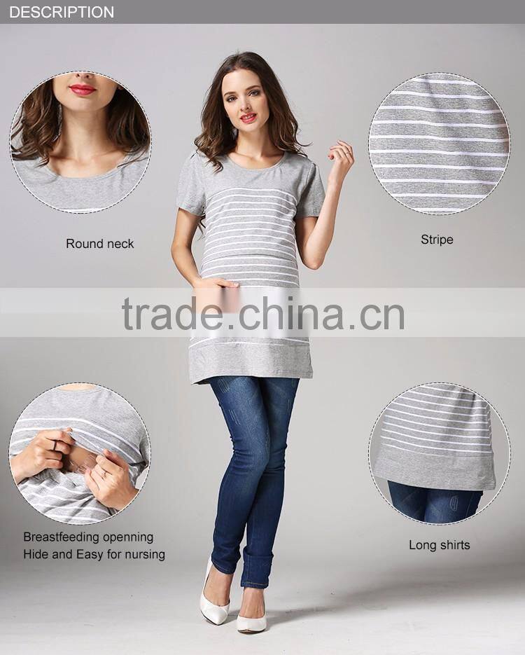 Pregnant woman nursing clothes for breastfeeding white and gray strips tops wholesale maternity T-shirts