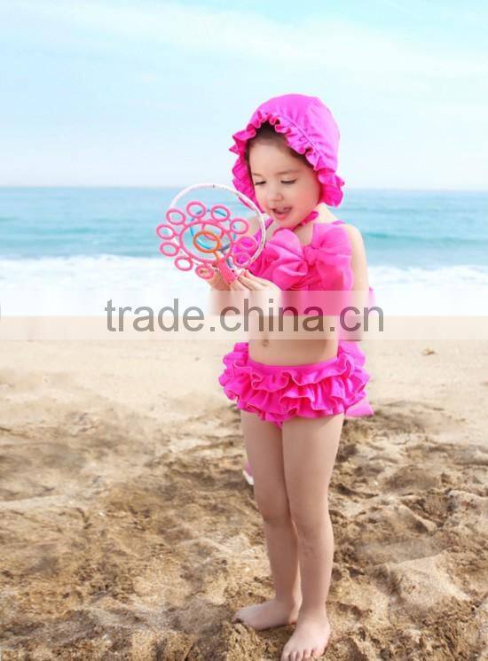 2016 In-stock Lovely Wholesale Boutique Summer Baby Girl Swimsuit Red Polka Dot Print Bikini Ruffles Swimwear With Cap
