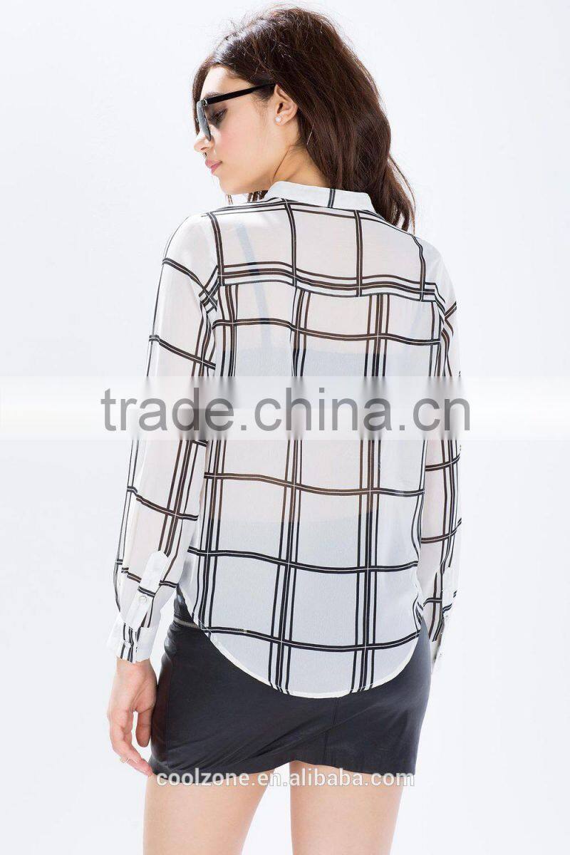 2015 New design sheer chiffon ladies blouse grid print blouses wholesale
