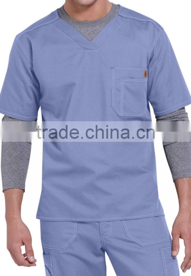 High Quality Solid Colored Men Denim Scrubs Top for Hospital Wearing