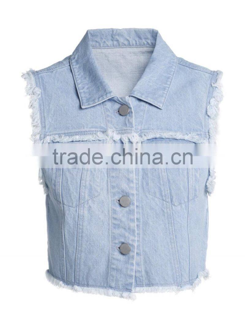 Ladies Button-up 100% cotton washed distressed jeans vest