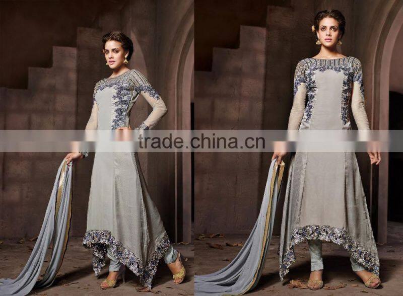 Ash color Zari design Beauty Charm Designer Semi Stitch Salwar Kameez