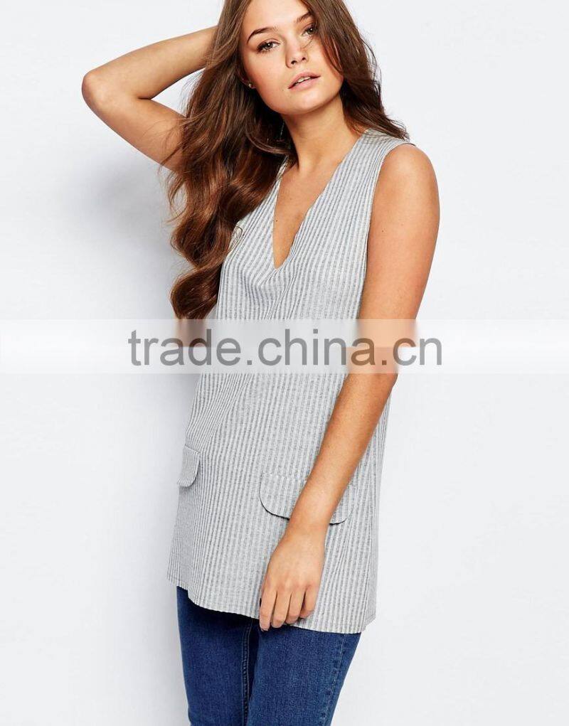 2016 Guangzhou Shandao OEM Custom Summer Women Sexy Sleeveless Deep V Neck Striped Cotton Latest Fashion Long Top Design