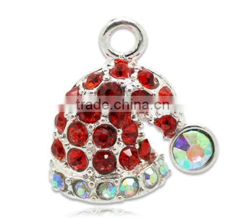 Silver Plated Red Rhinestone Christmas Santa's Hat Charms Pendants 19x18mm