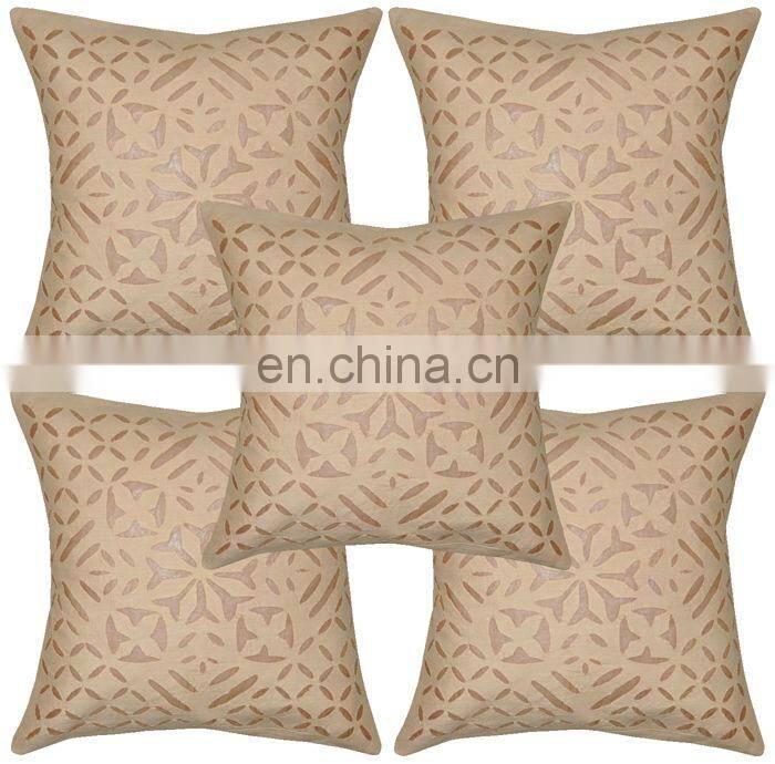 Patch Work Cushion Cut Work Beige Cotton Set of 5 Pcs. Cushion Cover