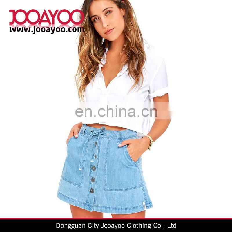 Light Wash Chambray Drawstring Waist Antiqued Silver Button Placket Skirt