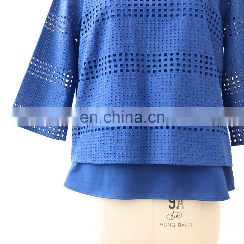 Hot sale spring three quarter sleeve womenn cotton embroidered blouse
