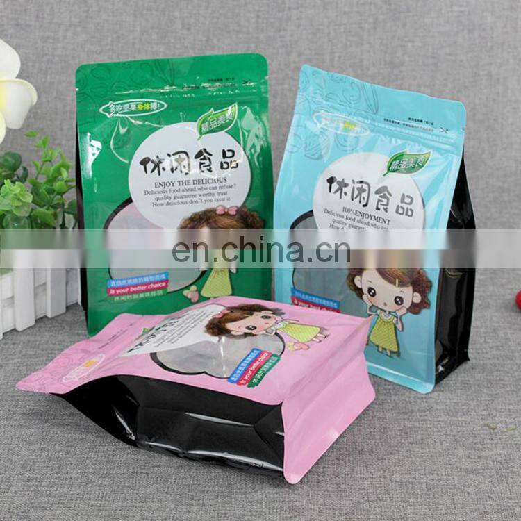 Custom coloreful printing food packaging bag flat bottom bag with clear pvc window and zipper